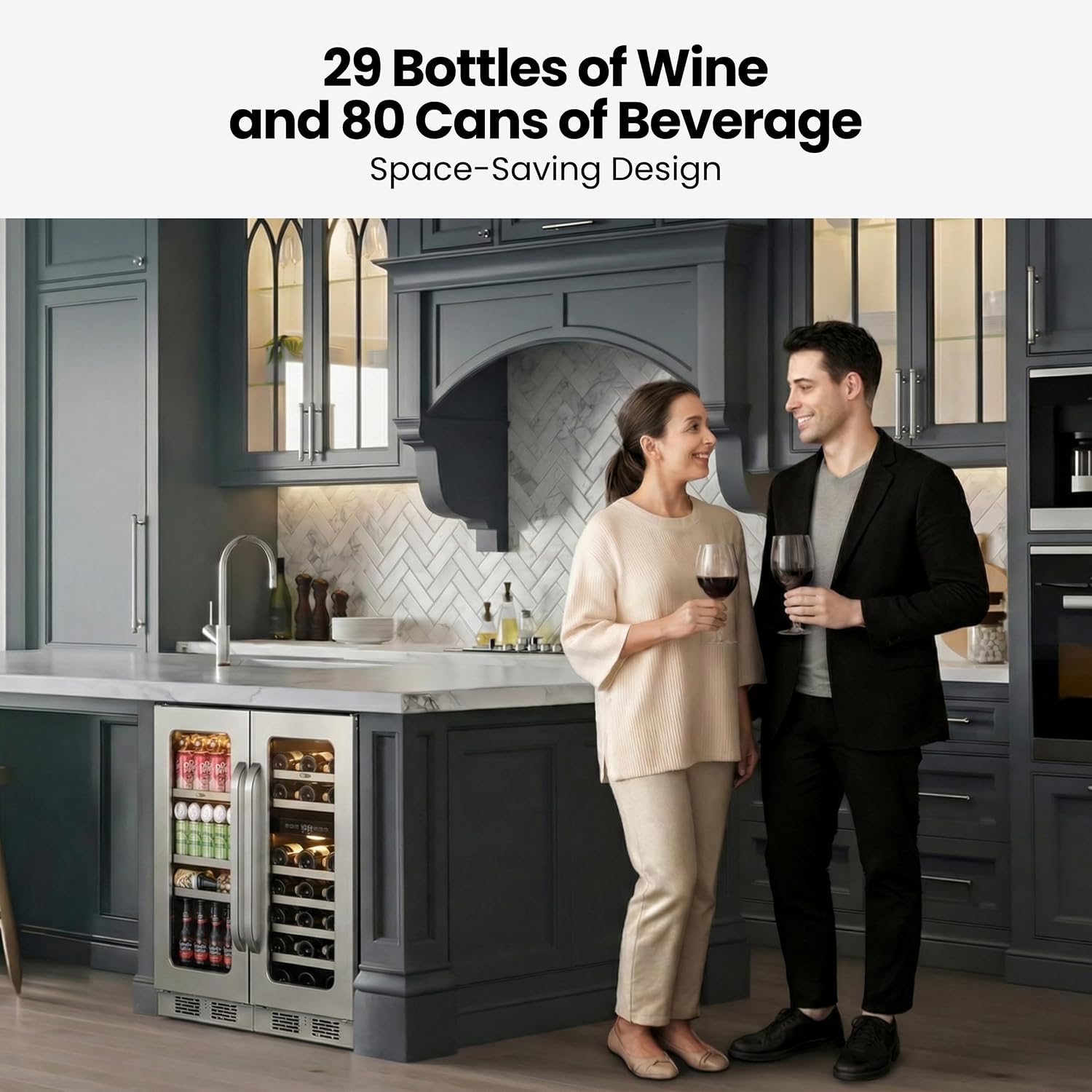 Whynter Wine and Beverage Refrigerator, 30 Inch Dual Zone Under Counter Wine Beverage Cooler Built-In or Freestanding Wine Fridge with Glass French Door Holds 80 Can & 29 Bottle