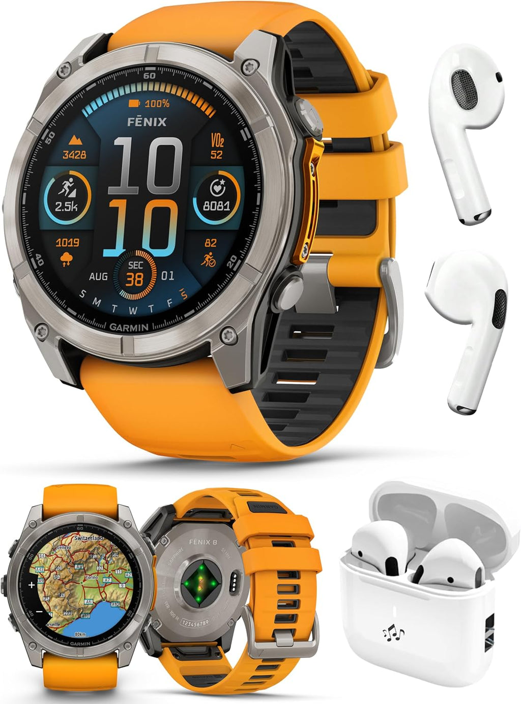 PlayBetter Garmin Fenix 8 AMOLED Sapphire (51mm, Titanium/Spark Orange) Multisport GPS Smartwatch Bundle - 1.4' Touchscreen, Built-in LED Flashlight Wireless Running Earbuds