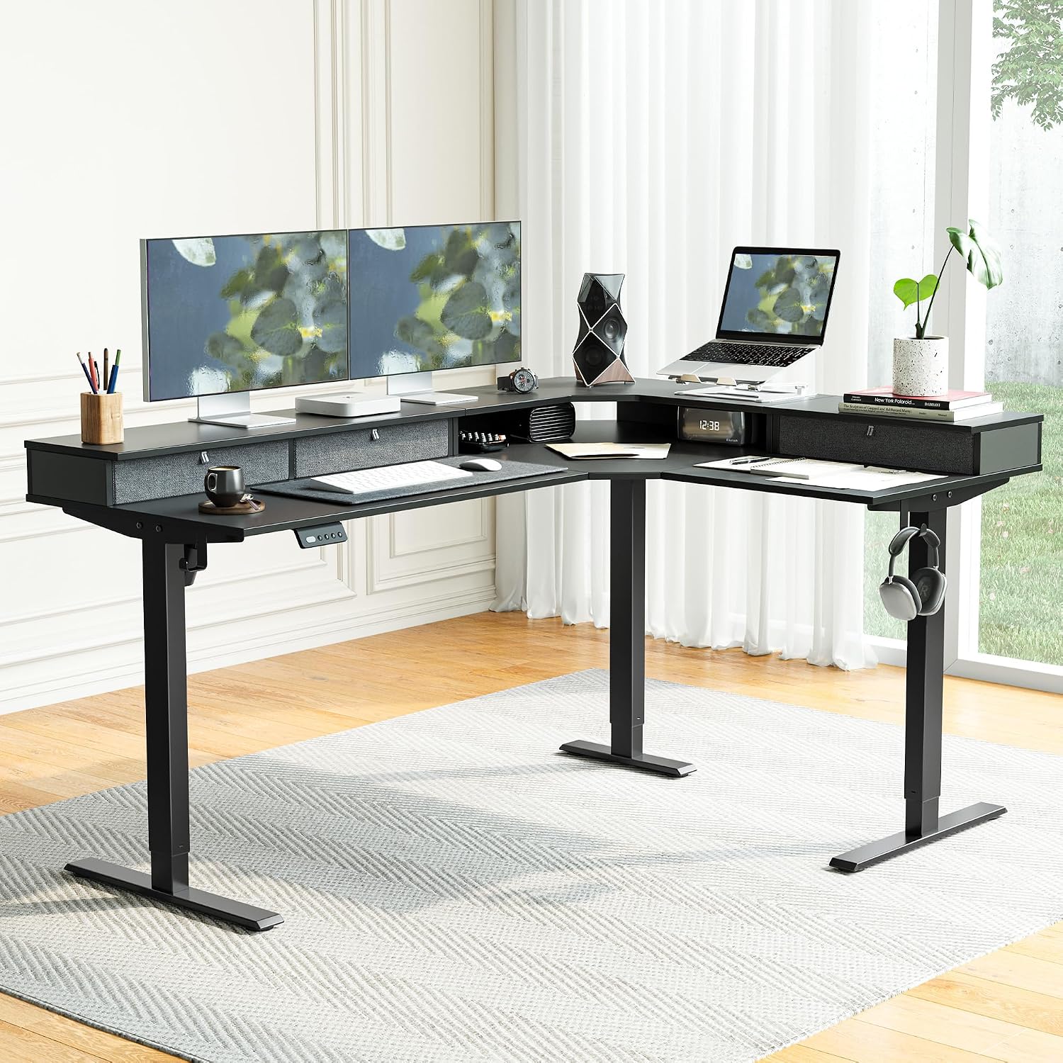 FEZIBO L-Shaped Electric Standing Desk, 63 x 48 Inches Large Height Adjustable, Corner Desk with Drawers, Ergonomic Computer Table, Black Top