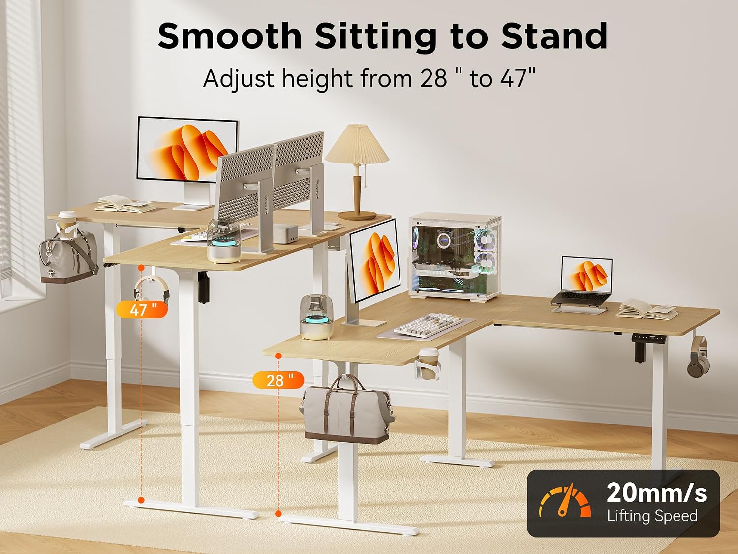 WALKINGDESK 75x61 Inches Reversible L Shaped Standing Desk Height Adjustable with Cup Holder, Electric Corner Computer Workstation for Home Office, Ergonomic Sit Stand up Gaming Desk, Oak