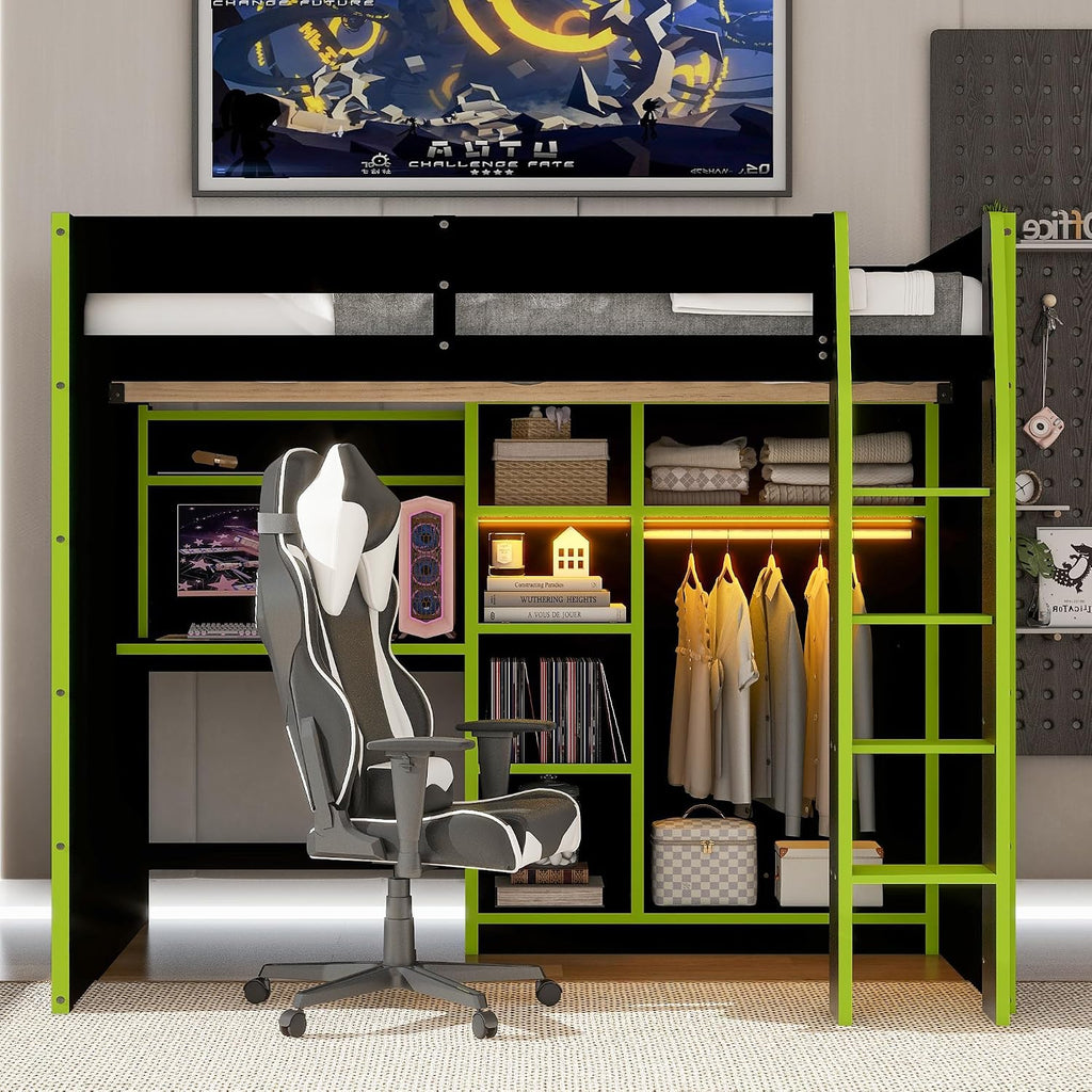 Merax Wood Loft Bed with Desk, Open Wardrobe, Storage Compartments and RGB Lights, Full Size, Green