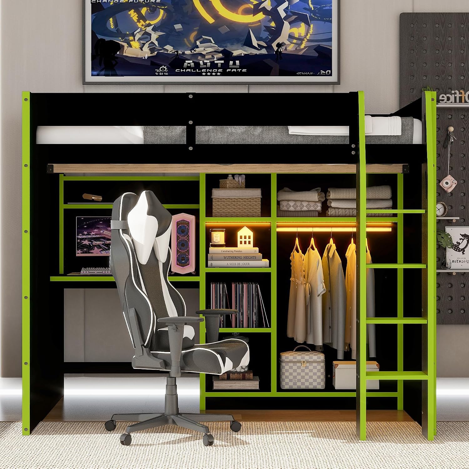 Merax Wood Loft Bed with Desk, Open Wardrobe, Storage Compartments and RGB Lights, Full Size, Green