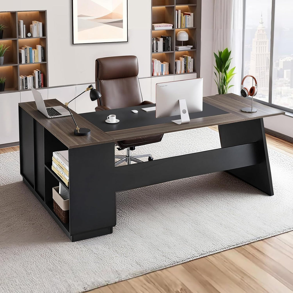 VEVOR L-Shaped Executive Desk, Large Modern Office Table with Drawers and Storage Cabinet, Heavy Duty Wooden Executive Table, 350 LBS Load Capacity, Easy Assembly, for Work Study Writing, Brown+Black
