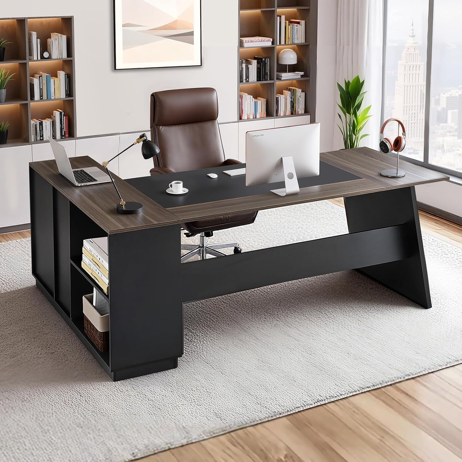 VEVOR L-Shaped Executive Desk, Large Modern Office Table with Drawers and Storage Cabinet, Heavy Duty Wooden Executive Table, 350 LBS Load Capacity, Easy Assembly, for Work Study Writing, Brown+Black