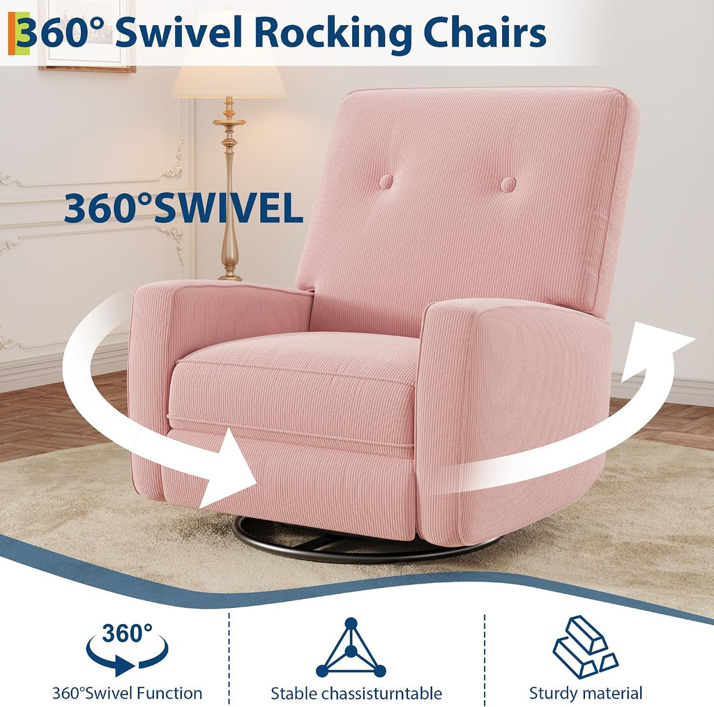 Garvee Nursery Recliner Chair, 360° Swivel Rocking Glider Chair for Adults with Adjustable Backrest & Footrest, Upholstered Armchair for Living Rooms, Bedrooms, Apartments, Pink