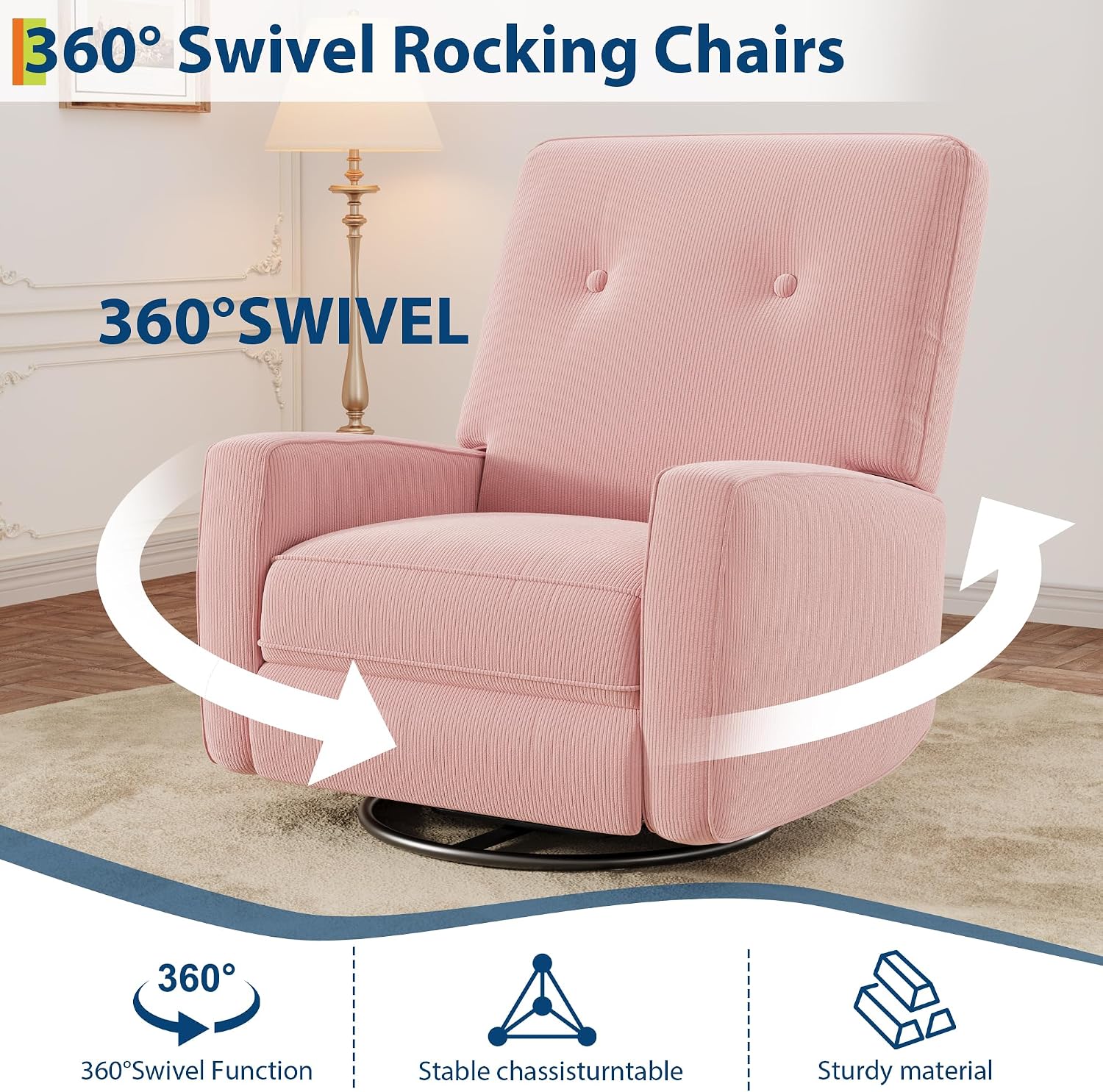Garvee Nursery Recliner Chair, 360° Swivel Rocking Glider Chair for Adults with Adjustable Backrest & Footrest, Upholstered Armchair for Living Rooms, Bedrooms, Apartments, Pink