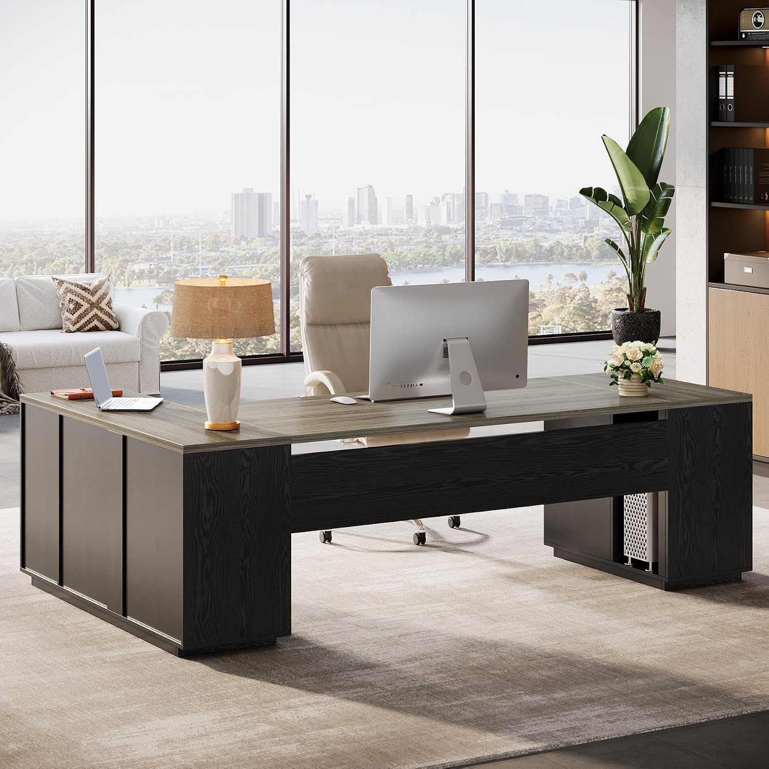 Tribesigns 85.8-Inch L-Shaped Executive Desk with File Drawers, Door Cabinet & Shelves, Extra Large Commercial Office Desk, Modern Professional Office Table Business Furniture, Grey & Black