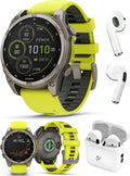PlayBetter Garmin Fenix 8 Solar Sapphire (47mm, Titanium/Amp Yellow) Multisport GPS Smartwatch Bundle - 1.4' Touchscreen, Built-in LED Flashlight Wireless Running Earbuds