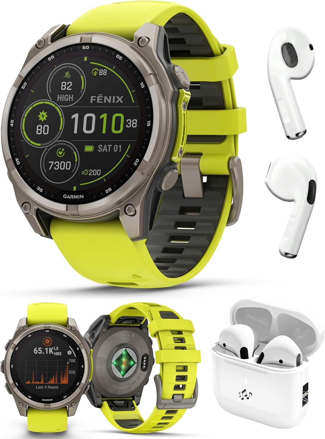 PlayBetter Garmin Fenix 8 Solar Sapphire (47mm, Titanium/Amp Yellow) Multisport GPS Smartwatch Bundle - 1.4' Touchscreen, Built-in LED Flashlight Wireless Running Earbuds