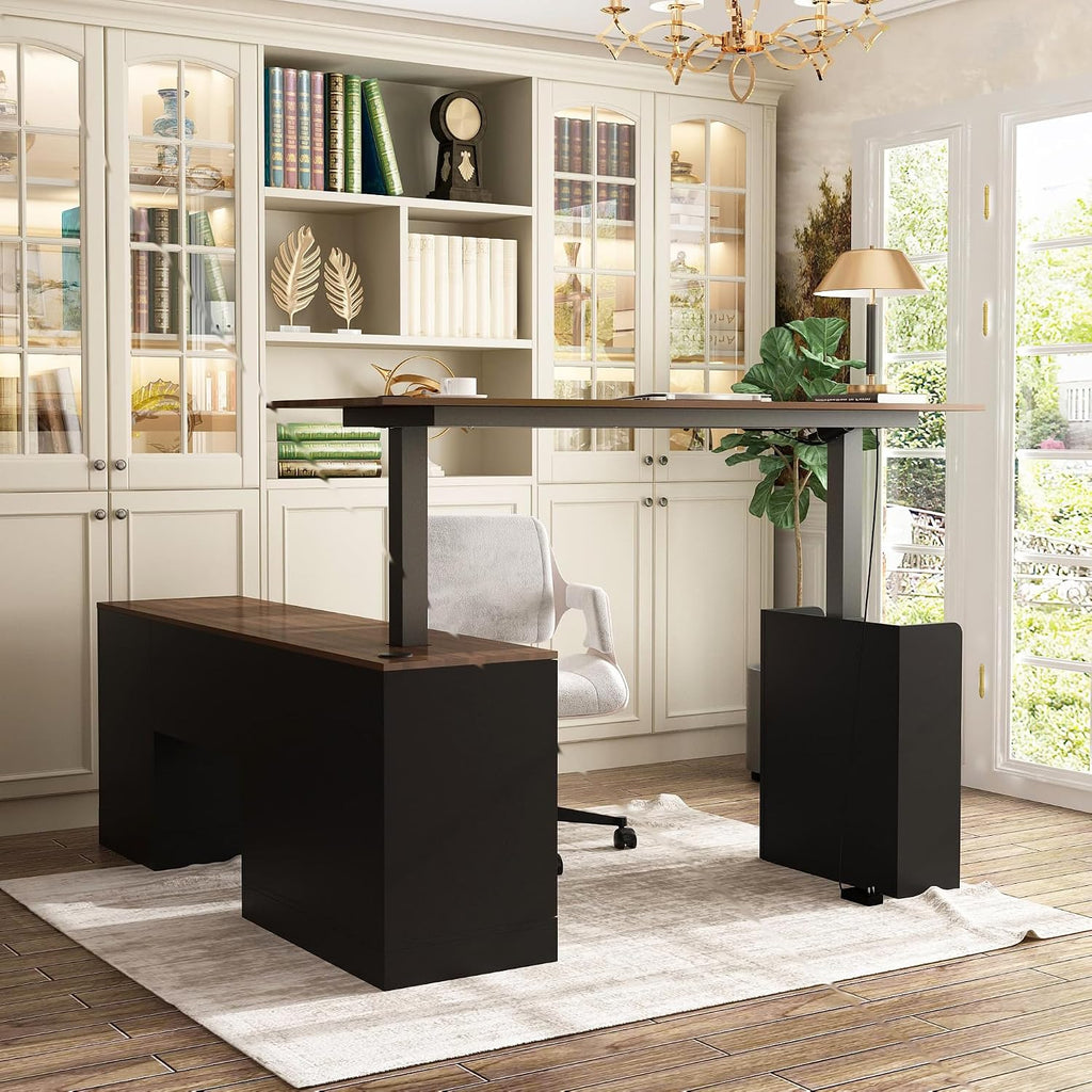 Homsee Home Office L Shaped Electric Standing Desk with Drawers and Shelves, Height Adjustable Stand up Desk, 63' Computer Executive Corner Table, Walnut & Black