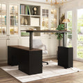 Homsee Home Office L Shaped Electric Standing Desk with Drawers and Shelves, Height Adjustable Stand up Desk, 63' Computer Executive Corner Table, Walnut & Black