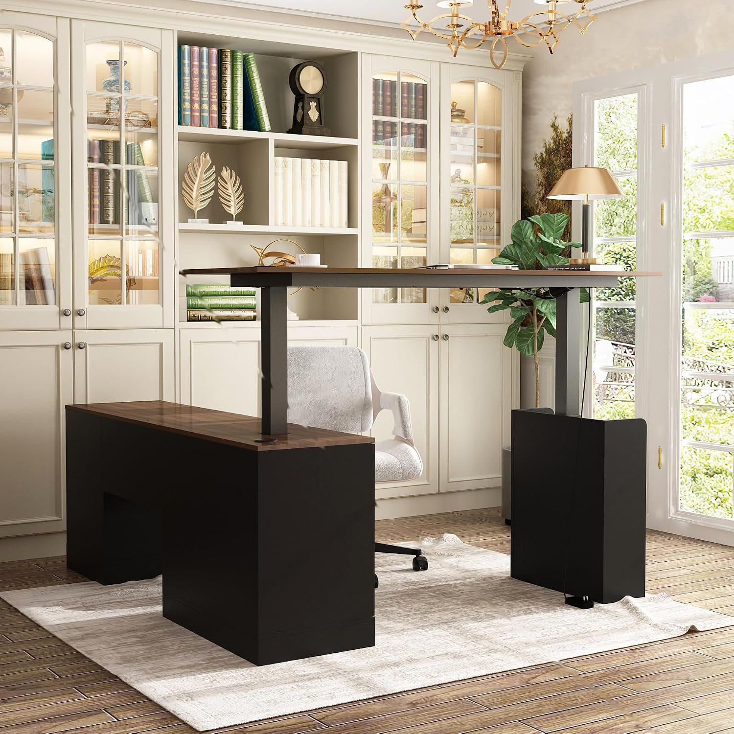 Homsee Home Office L Shaped Electric Standing Desk with Drawers and Shelves, Height Adjustable Stand up Desk, 63' Computer Executive Corner Table, Walnut & Black