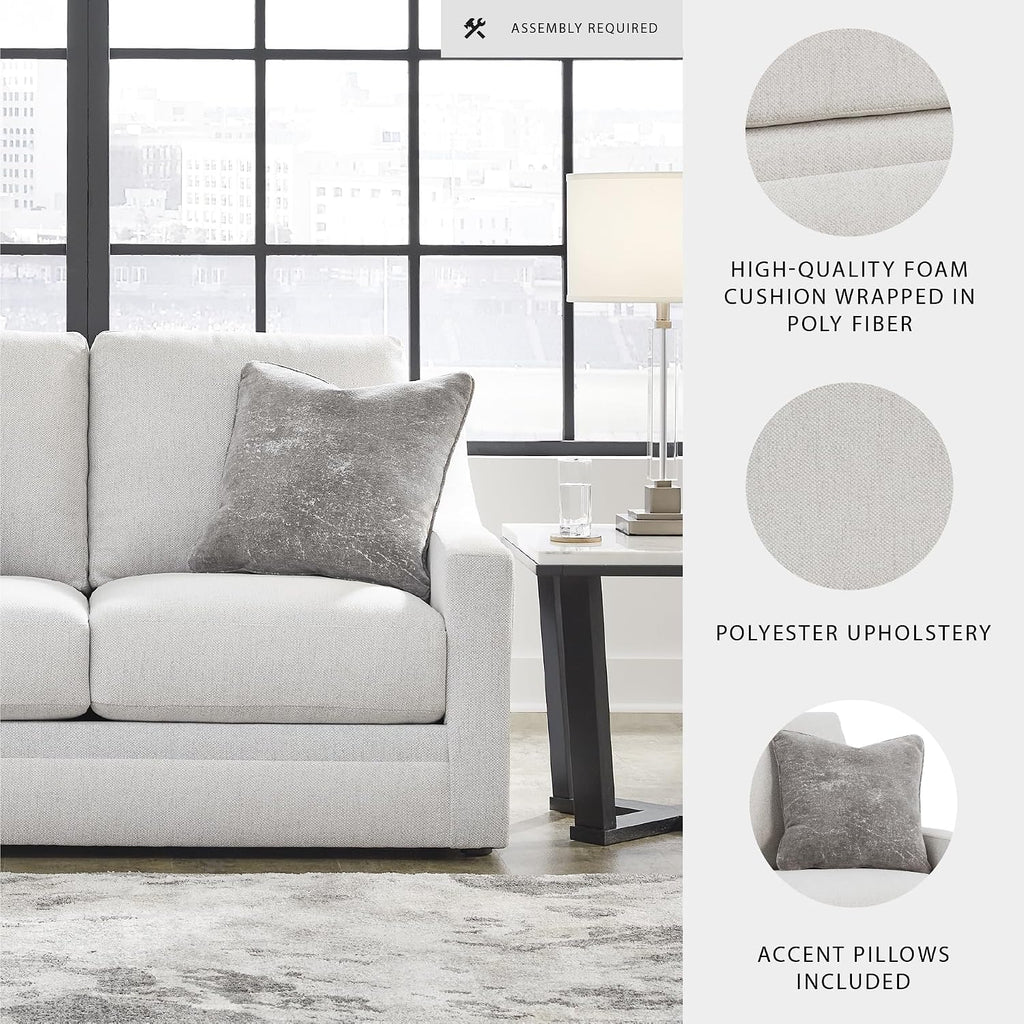 Signature Design by Ashley Maitelynn Contemporary Loveseat with Accent Pillows, Reversible Cushions and Sloped Arms, Light Gray