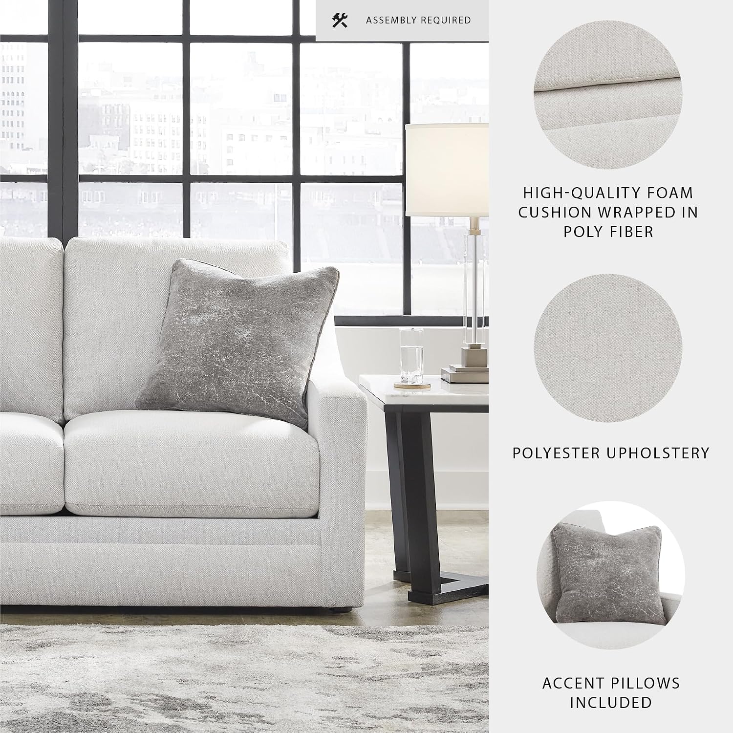 Signature Design by Ashley Maitelynn Contemporary Loveseat with Accent Pillows, Reversible Cushions and Sloped Arms, Light Gray