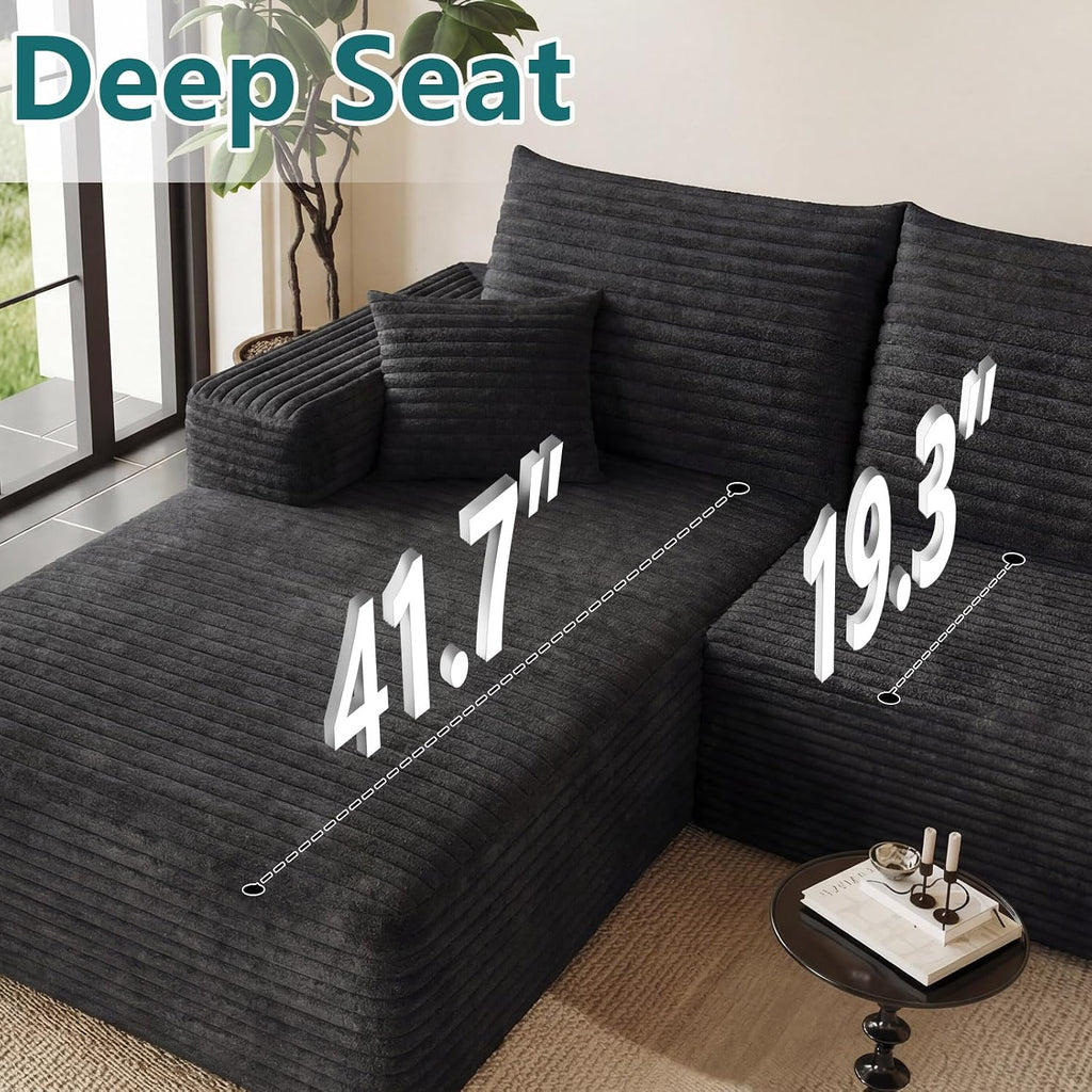 95' Modular Sectional Couch, Boneless L Shaped Cloud Sofa with Chaise Lounge, Corduroy Upholstered Couches Memory Foam Deep Seat, No Assembly Required, Ideal for Living Room(Black, Left Facing)