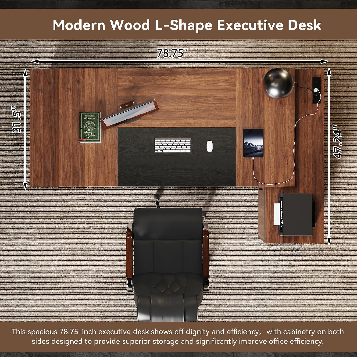 Epecoya Executive L-Shaped Desk with Storage Cabinet, 78-Inch Large Home Office Desks with Power Outlet and Lateral File Cabinet, Modern Computer Desk with Drawers and Open Shelf, Brown Black