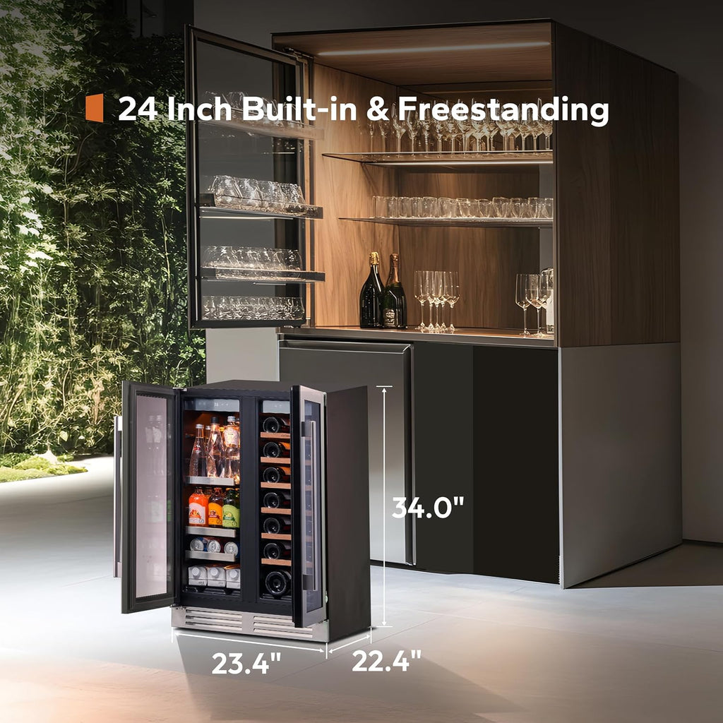 Ca'Lefort 24in Wine Fridge & Beverage Refrigerator with 3 Color LED Lights, Independent Dual Temp Zone Mini Fridge, Built-in/Freestanding Cooler for Wine/Beer Lovers, for Home, Kitchen, Office, Bar