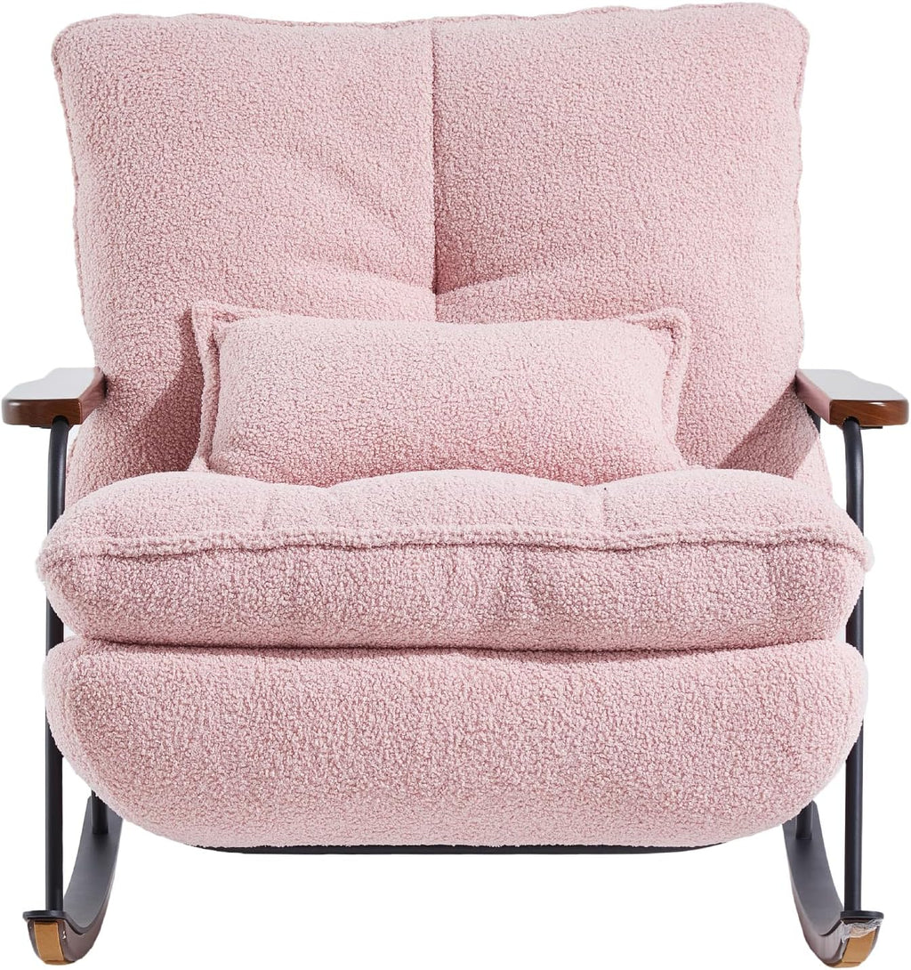 zyz Nursery Rocking Chair with Pillow, Teddy Upholstered Oversized Accent Chair Rocker Recliner, Solid Wood Frame, DIY Ottoman Footrest, Lazy Sofa for Living Room Bedroom (Teddy, Pink)