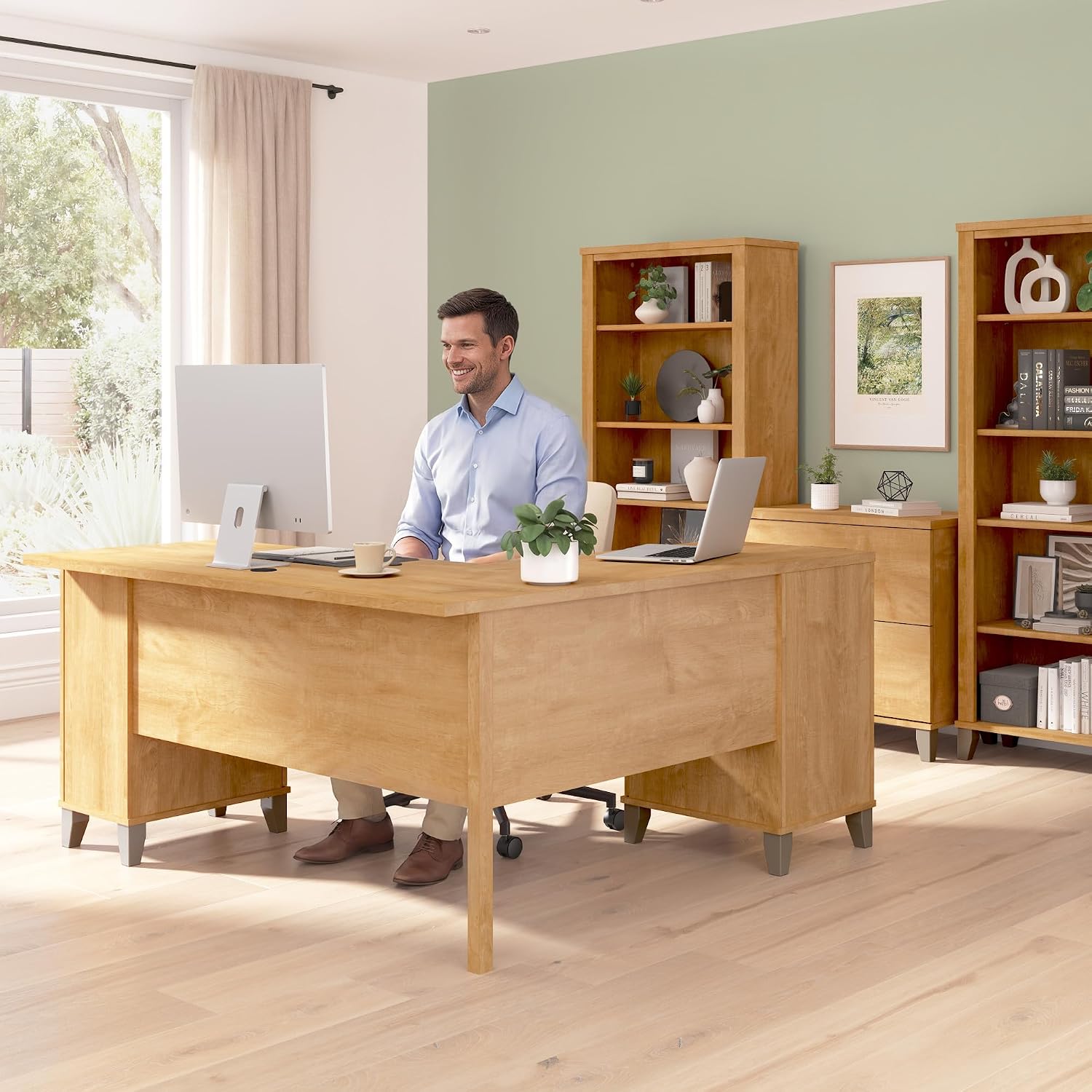 Bush Home 60-Inch L-Shaped Desk with Storage, Corner Computer Office Desk with Drawers and Storage Cabinet, Home Office Furniture, Somerset Collection, Maple Cross