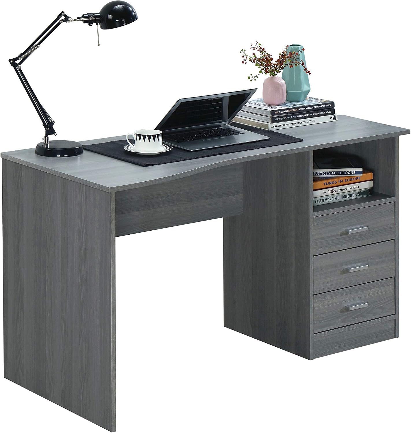 Techni Mobili 51' Classic Computer Desk with Drawers, 3-Drawer Home Office Desk with Storage (Light Grey)