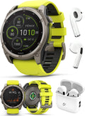 PlayBetter Garmin Fenix 8 Solar Sapphire (51mm, Titanium/Amp Yellow) Multisport GPS Smartwatch Bundle - 1.4' Touchscreen, Built-in LED Flashlight Wireless Running Earbuds