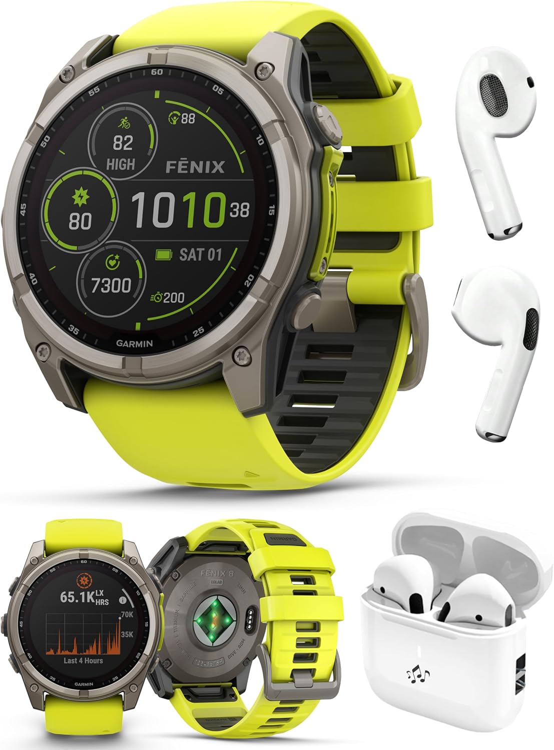 PlayBetter Garmin Fenix 8 Solar Sapphire (51mm, Titanium/Amp Yellow) Multisport GPS Smartwatch Bundle - 1.4' Touchscreen, Built-in LED Flashlight Wireless Running Earbuds
