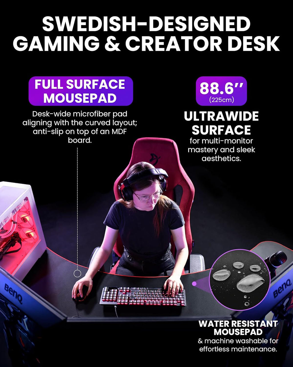 Arozzi Arena Angelo L Shaped GamingDesk, PC GamingDesk L Shape, Height Adjustable L Shaped Standing Desk for Home Office, with Full Coverage Mouse Pad (Black)