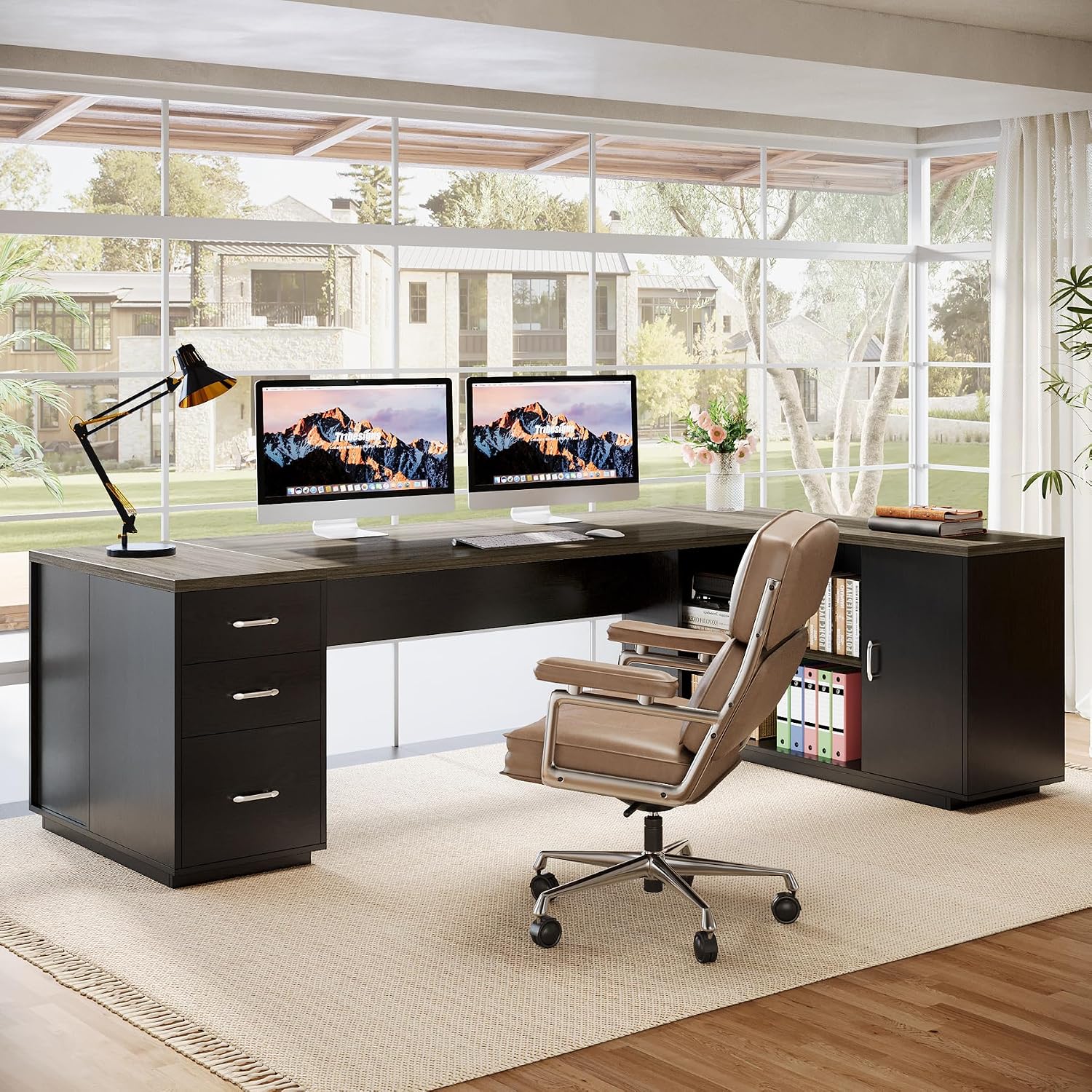 Tribesigns 85.8-Inch L-Shaped Executive Desk with File Drawers, Door Cabinet & Shelves, Extra Large Commercial Office Desk, Modern Professional Office Table Business Furniture, Grey & Black