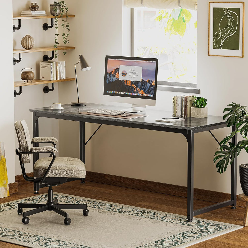 Huuger Computer Desk, 70 Inch Office Desk, Gaming Desk with Storage, Writing Desk Work Desk for Home Office, Study, Long Simple Desk, Large Legroom, Metal Frame, Grey