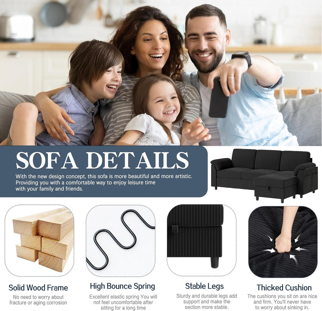 Sectional Sofa Couch for Living Room, 79' Sectional Couches with Ottoman, L Shaped Couch with Armrests Side Storage Pockage, 3-Seat Sofa Couches for Apartment, Black