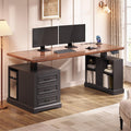 SEDETA Farmhouse Electric Standing Desk, 63' Height Adjustable Computer Desk with 3 Drawers, Storage Shelves, Power Outlets, Wood Home Office Stand up Desk for Work, Study, Writing, Black