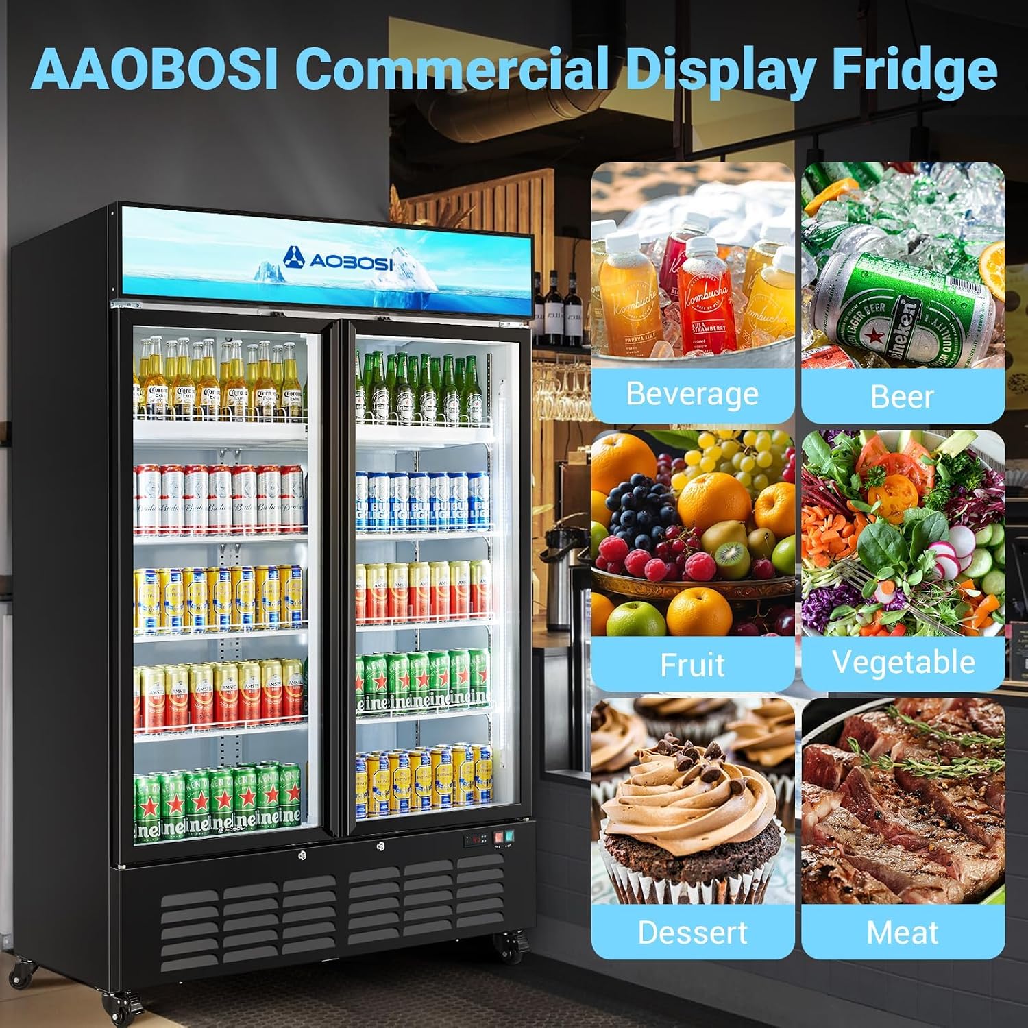 AAOBOSI 50' Wide Commercial Merchandiser Refrigerator,36.8 Cu.Ft Glass Door Display Refrigerator,Upright Beverage Fridge with Soft LED Light,Customizable Lightbox,Universal Casters, Adjustable Shelves