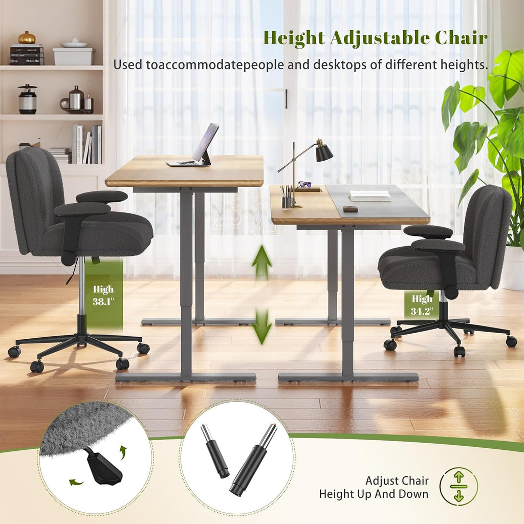 DurayLoly Criss Cross Chair with Wheels,Flip Up Arms,Wide Seat,Teddy Fleece,Adjustable Height,Cross Legged Desk Chair for Bedroom,Dorm,Home Office,Grey