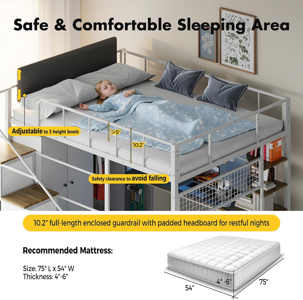 Kikihouse Full Size Loft Bed with Desk, Stairs & LED Light, Metal Gaming Loft Bed Frame with Headboard, Safety Guardrails, Charging Station, Closet and 12 Fabric Drawers, Space Saving, White and Oak