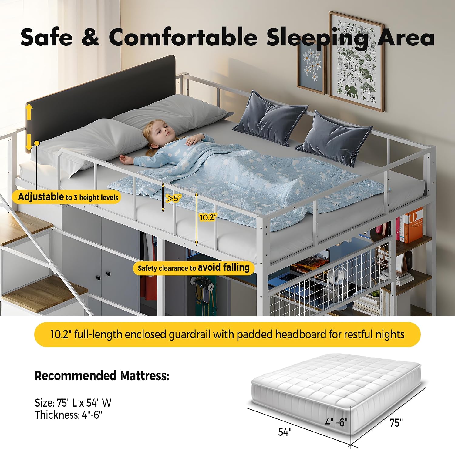 Kikihouse Full Size Loft Bed with Desk, Stairs & LED Light, Metal Gaming Loft Bed Frame with Headboard, Safety Guardrails, Charging Station, Closet and 12 Fabric Drawers, Space Saving, White and Oak