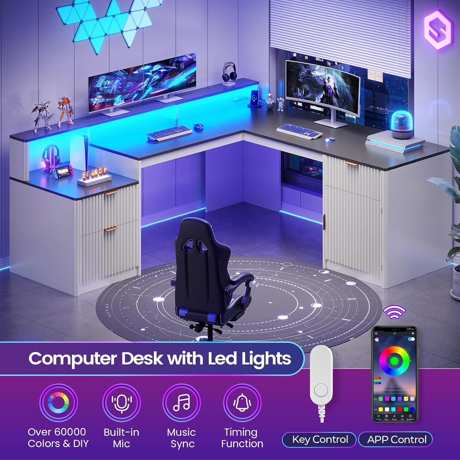 SEDETA 66' Modern L Shaped Desk with Drawers, Fluted Home Office Desk with File Cabinet and Printer Shelf, Wood Executive Desk with Monitor Stand, Led Lights, Power Outlets, White
