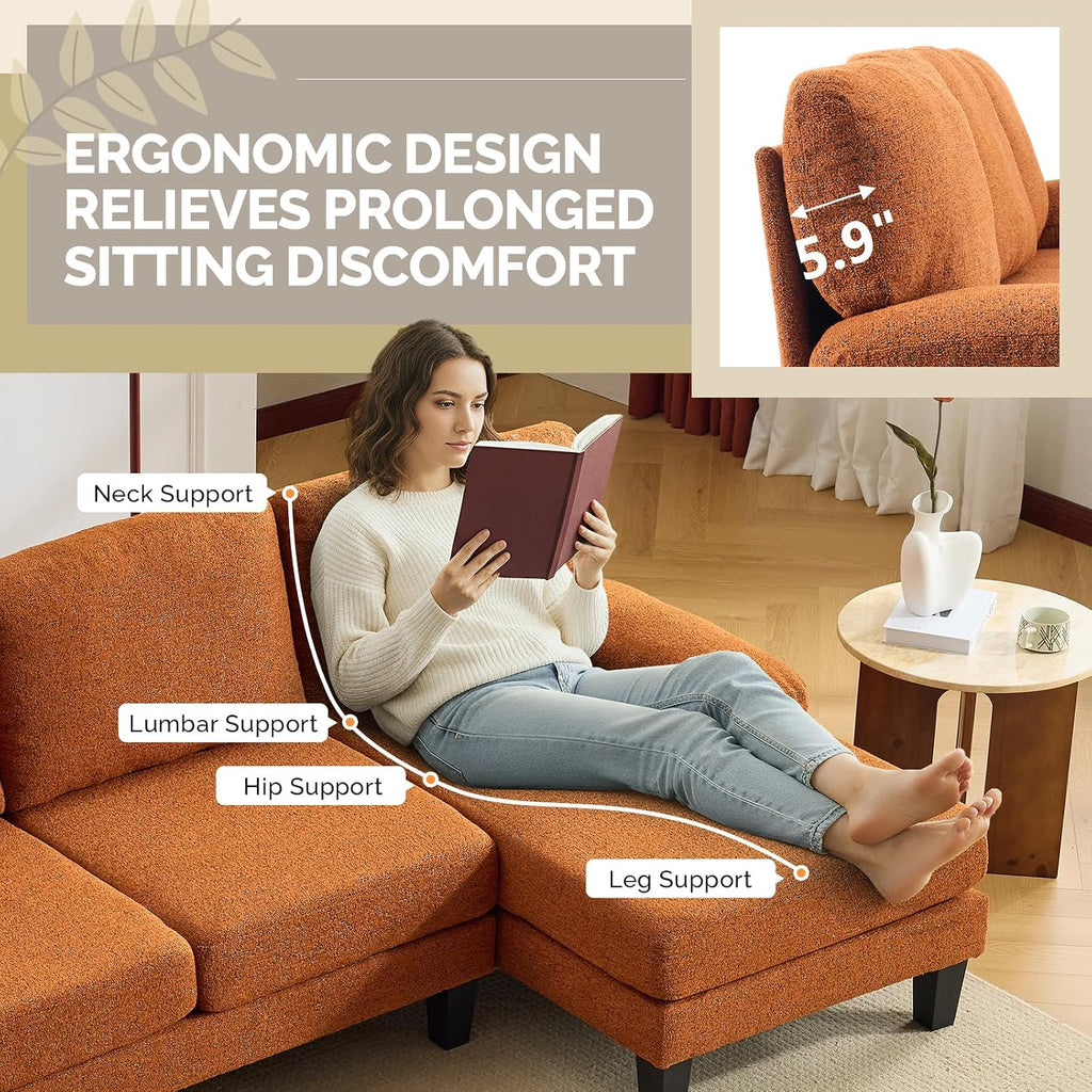 VINGLI 110' U-Shaped Sectional Couch with Two Chaise, Affordable Small Sofa with 4 Seats, Chenille Fabric Comfy Couches for Living Room, Orange