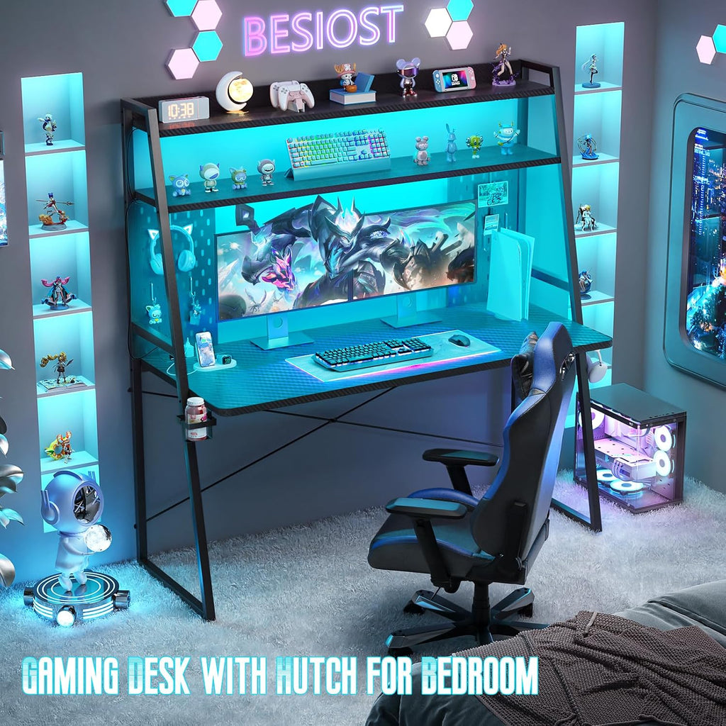 Besiost Gaming Desk with Hutch and LED Lights, Gaming Computer Desk with Power Outlets, Gamer Desk with Storage Shelves, PC Game Desks with Pegboards, for Bedroom, Carbon Fiber Black, 49'