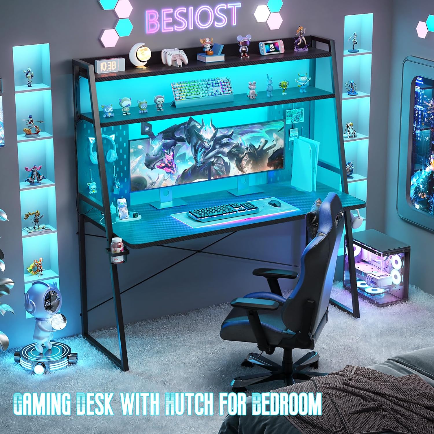 Besiost Gaming Desk with Hutch and LED Lights, Gaming Computer Desk with Power Outlets, Gamer Desk with Storage Shelves, PC Game Desks with Pegboards, for Bedroom, Carbon Fiber Black, 49'