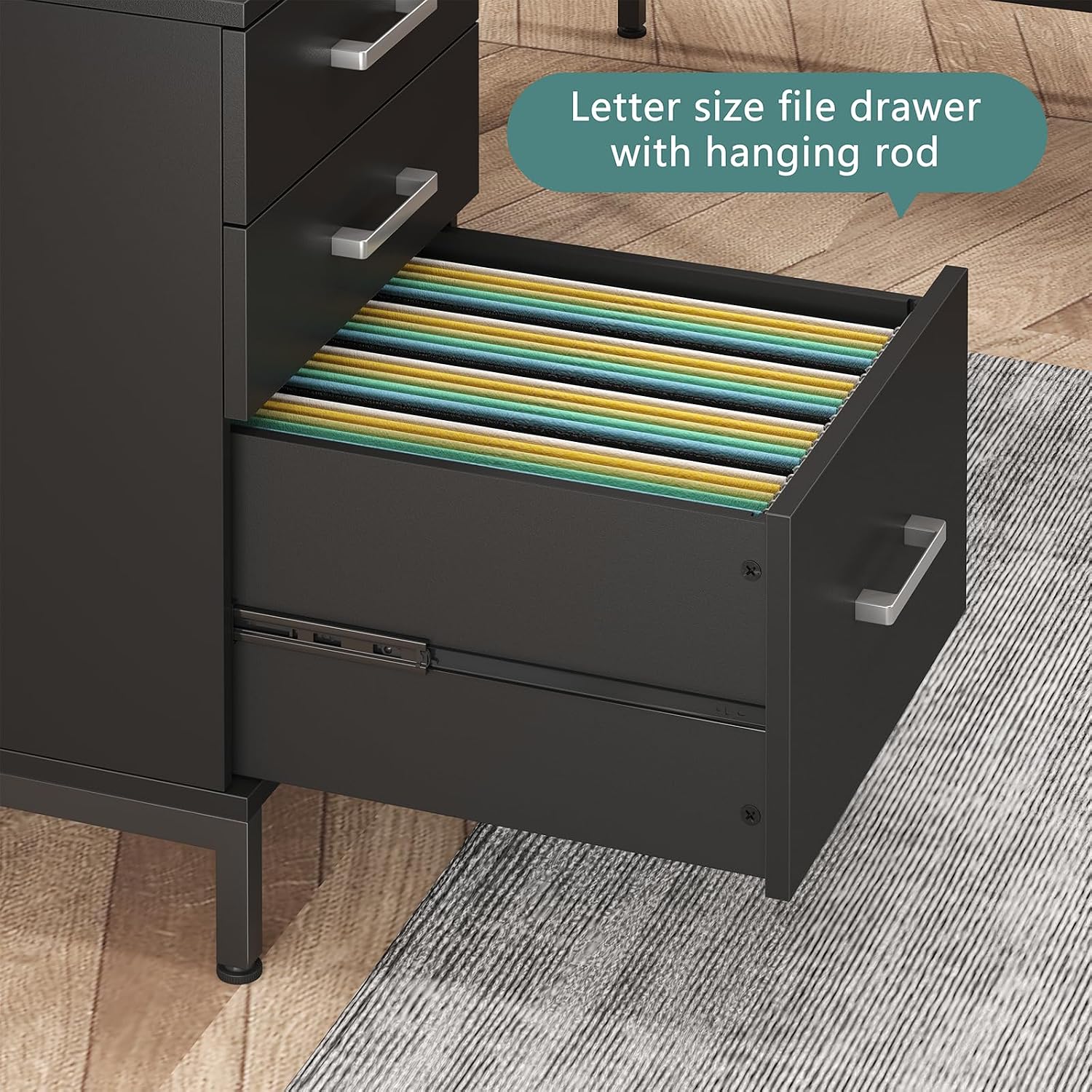 TVU 59'' L Shaped Desk with 6 Wood Drawers, Large Home Office Corner Computer Desk with Storage File Cabinet, Modern Metal Wood Desk for Executive Writing Study Workstation, Black