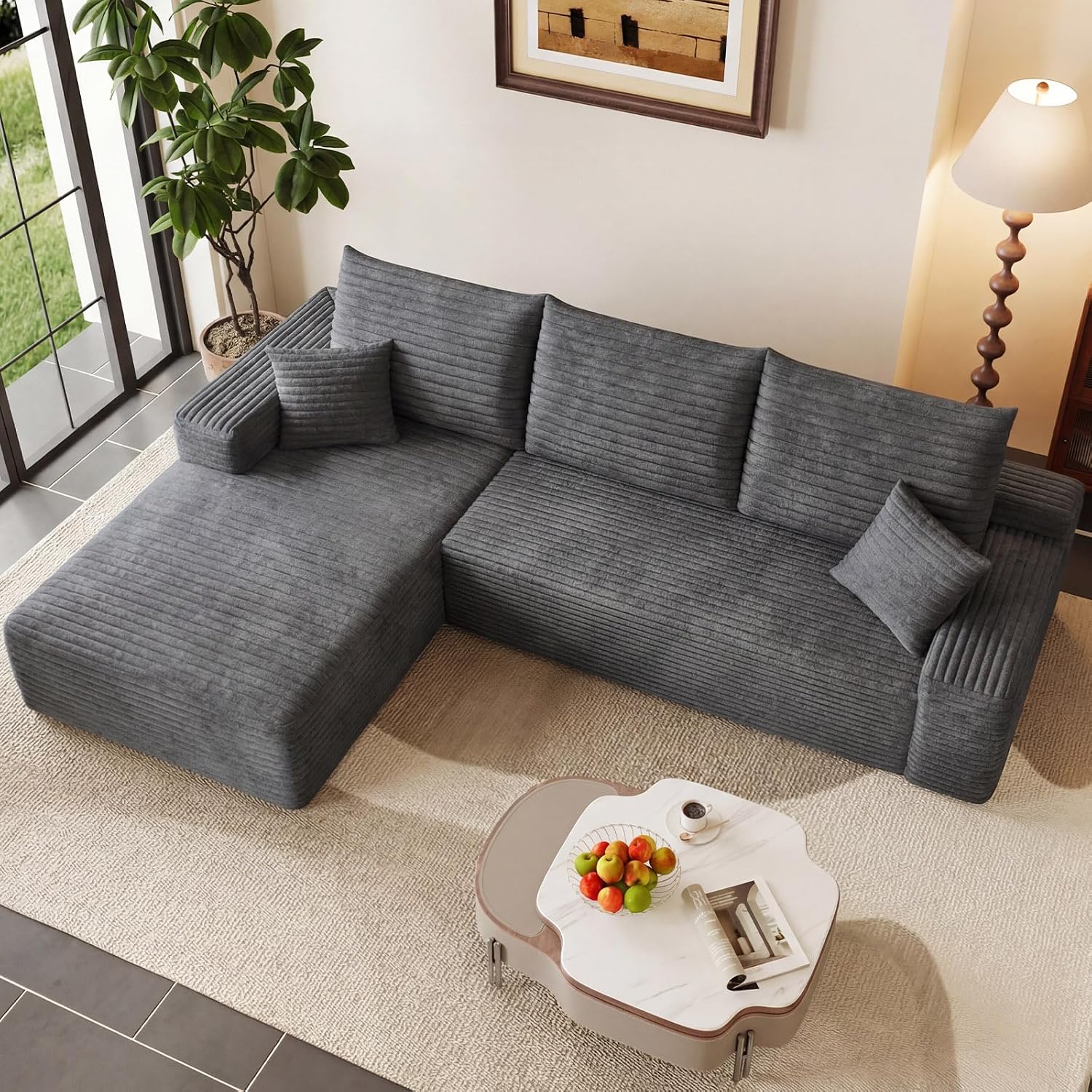 95' Modular Sectional Couch, Boneless L Shaped Cloud Sofa with Chaise Lounge, Corduroy Upholstered Couches Memory Foam Deep Seat, No Assembly Required, Ideal for Living Room(Dark Gray, Left Facing)