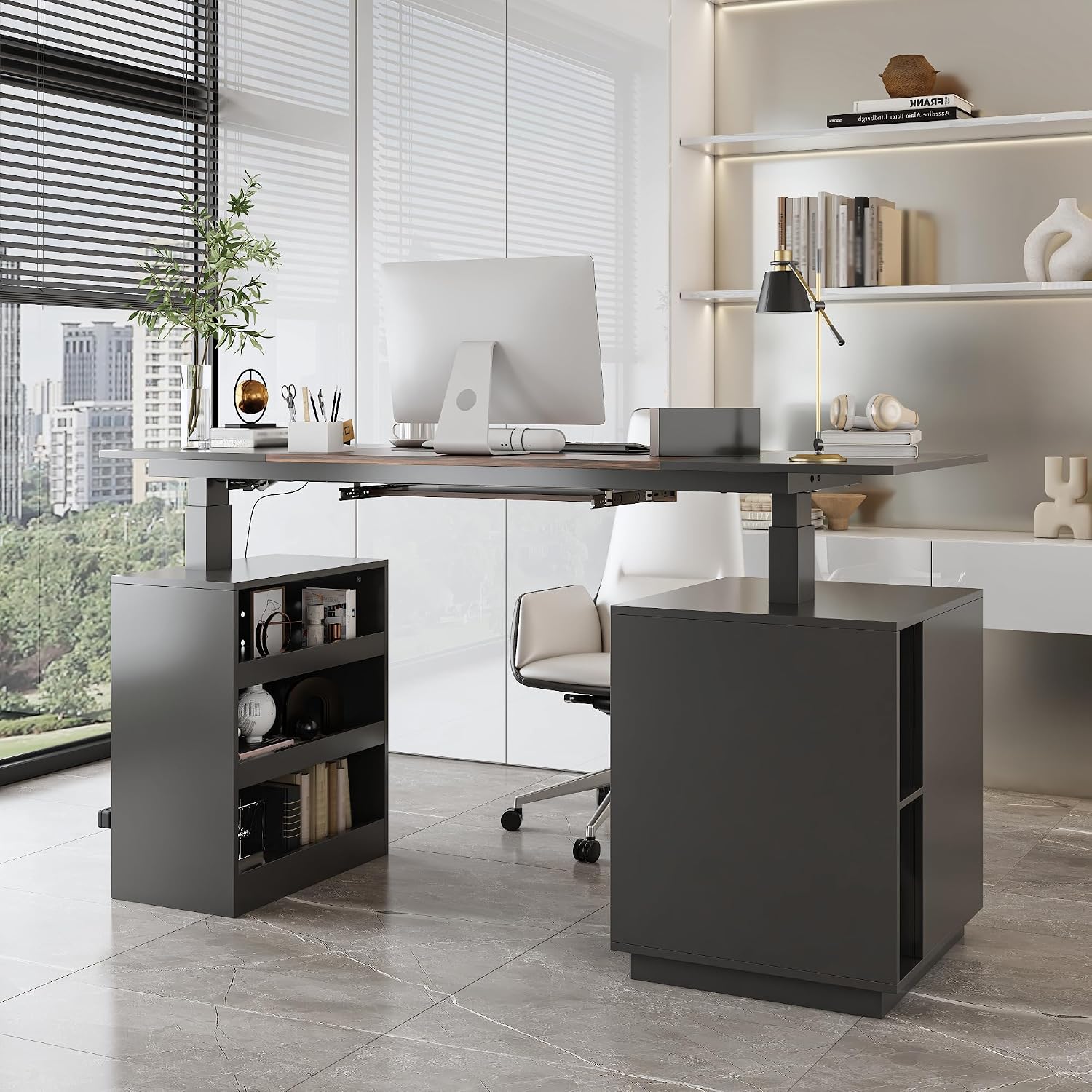 63' W Height Adjustable Standing Desk with Drawers & Fingerprint Lock, Electric Stand up Desk with Metal Pegboard, I Shaped Home Office Table Corner Computer Workstation, Black (29.8'-45.3' H)