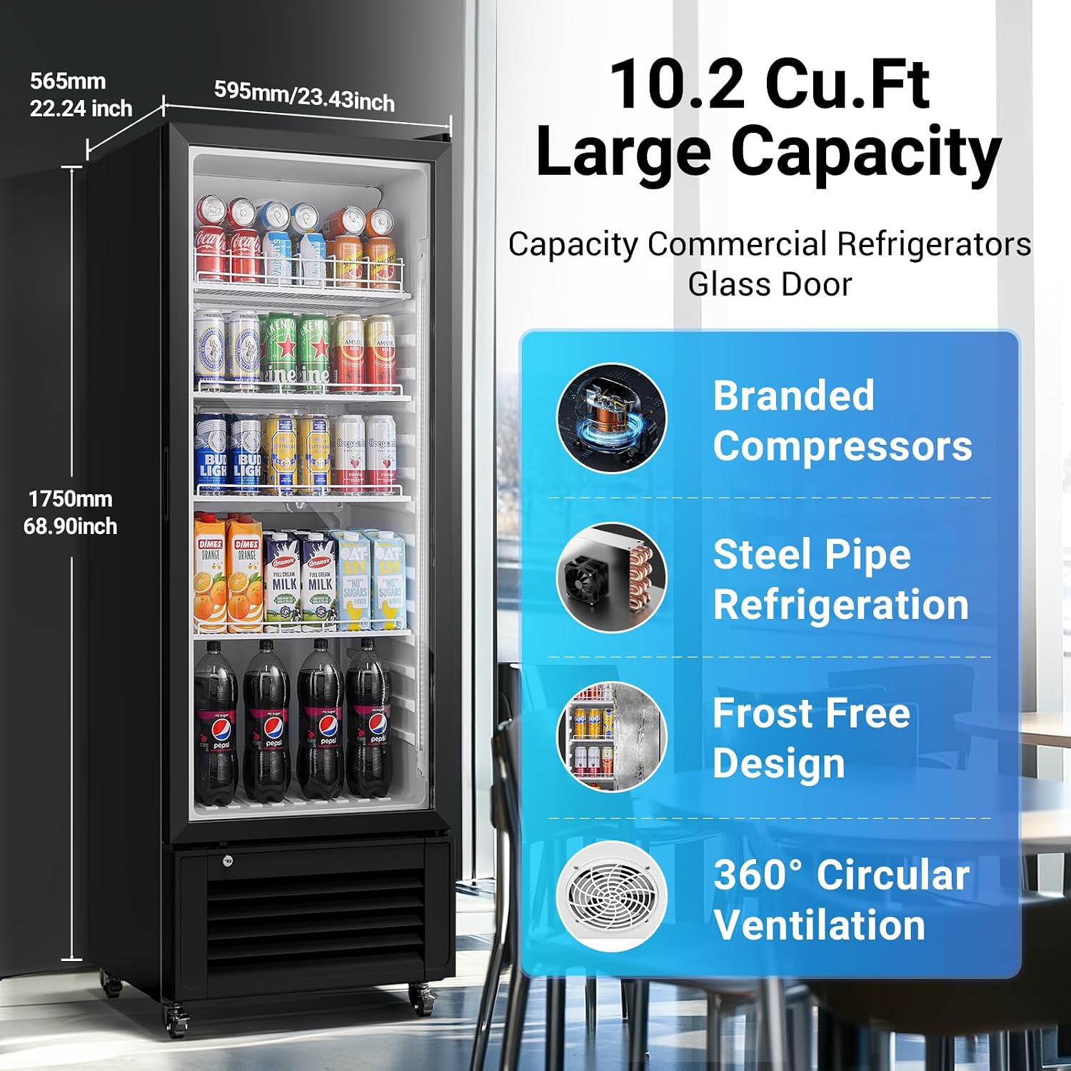 BODEGACOOLER Commercial Beverage Refrigerator, 290L Display Fridge with Soft LED Light, 264 Cans & 120 Bottles Commercial Merchandiser Refrigerator For Kitchen, Home,Office,Garage,Gym,Shop,Man cave