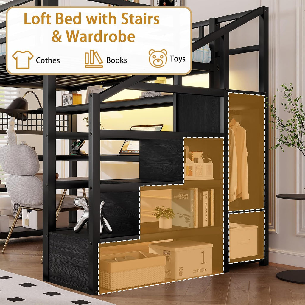 Full Size Loft Bed with Stairs & Desk, Black Loft Bed Frame with Storage Staircase, Charging Station & LED Light, Space Saving Loft Beds with Built-in Study Workstation for Kids Teens Adults