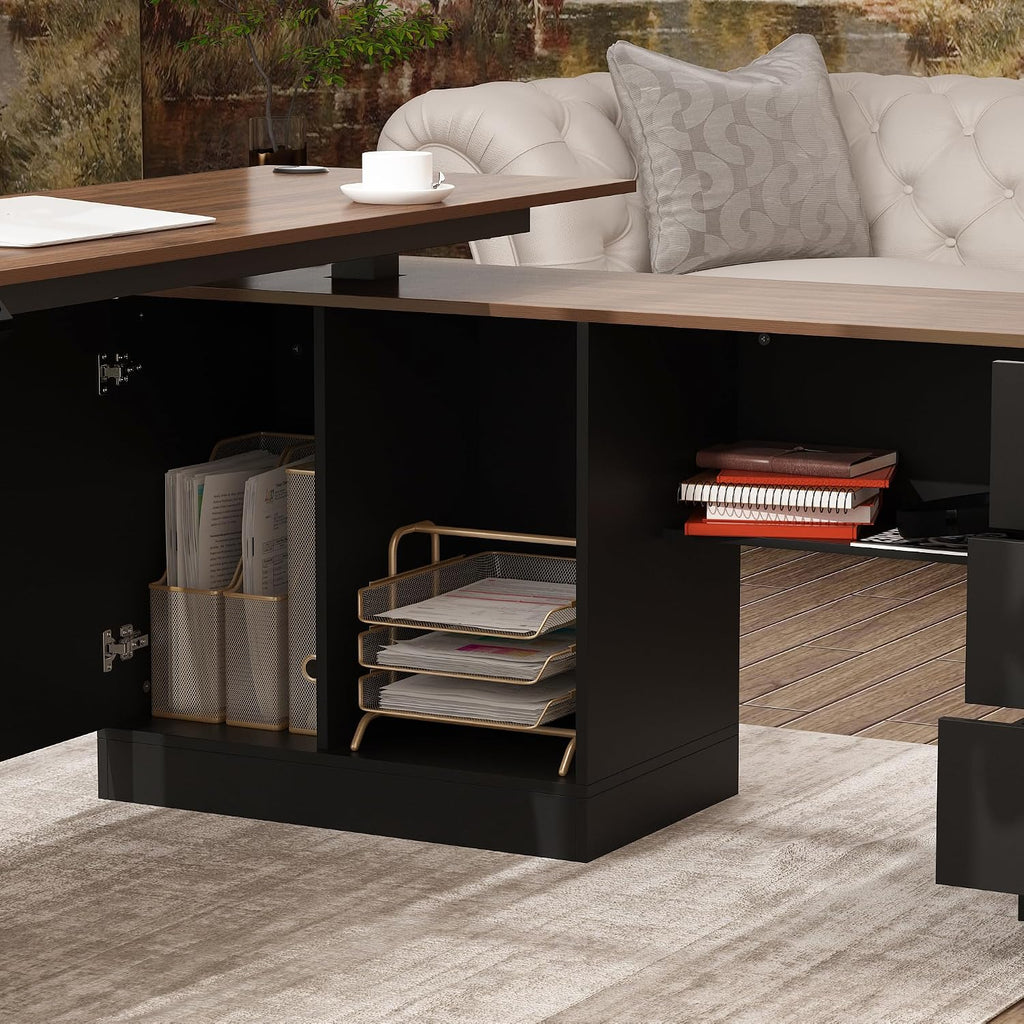 63' W Height Adjustable Standing Desk with Drawers & Cabinet, Electric Stand up Desk with Storage, L Shaped Home Office Table Corner Computer Workstation, Black & Brown (28.4'-45.8' H)