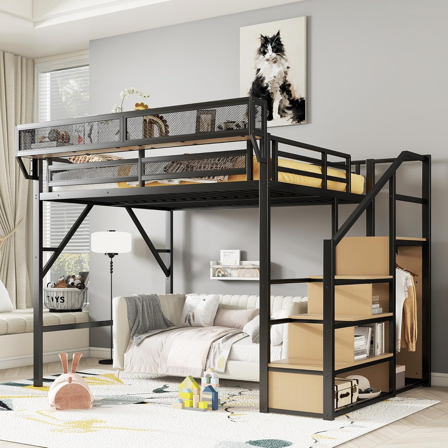 Queen Size Loft Bed Frame for Adults,Metal Lofts Bed Queen with Stairs & Storage Shelves, Heavy Duty High LoftBed with Wardrobe for Teens,Girls Boys, No Box Spring Needed, No Noise, Black