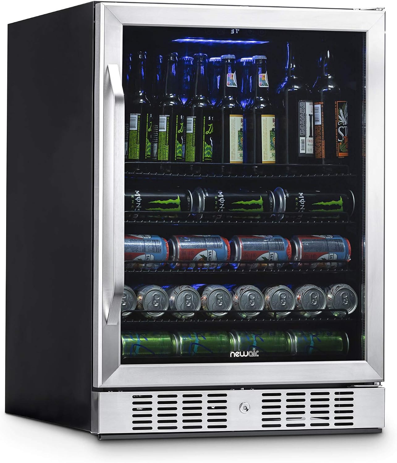 NewAir Large Beverage Refrigerator Cooler with 177 Can Capacity - Mini Bar Beer Fridge with Reversible Hinge Glass Door And Bottom Key Lock - Cools to 37F - Stainless Steel ABR-1770 (Renewed)