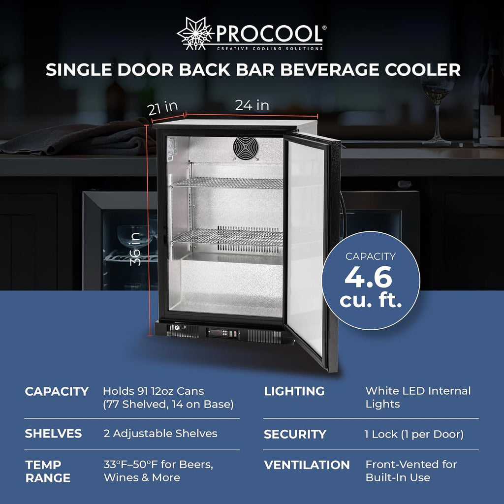 Procool 1-Door Counter Height Beverage Refrigerator - 24' Wide Energy Efficient Black Bar Fridge With LED Lighting - Commercial Back Bar Cooler