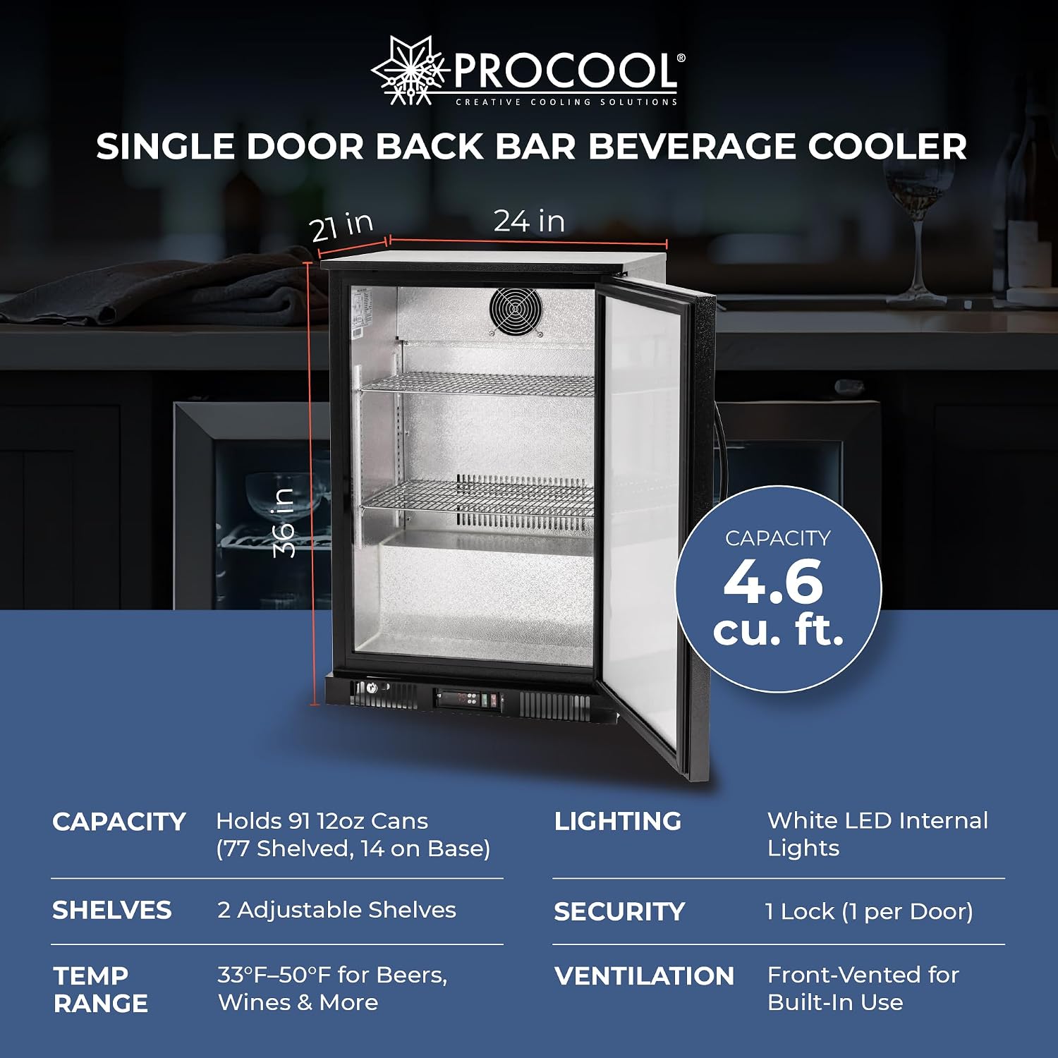Procool 1-Door Counter Height Beverage Refrigerator - 24' Wide Energy Efficient Black Bar Fridge With LED Lighting - Commercial Back Bar Cooler