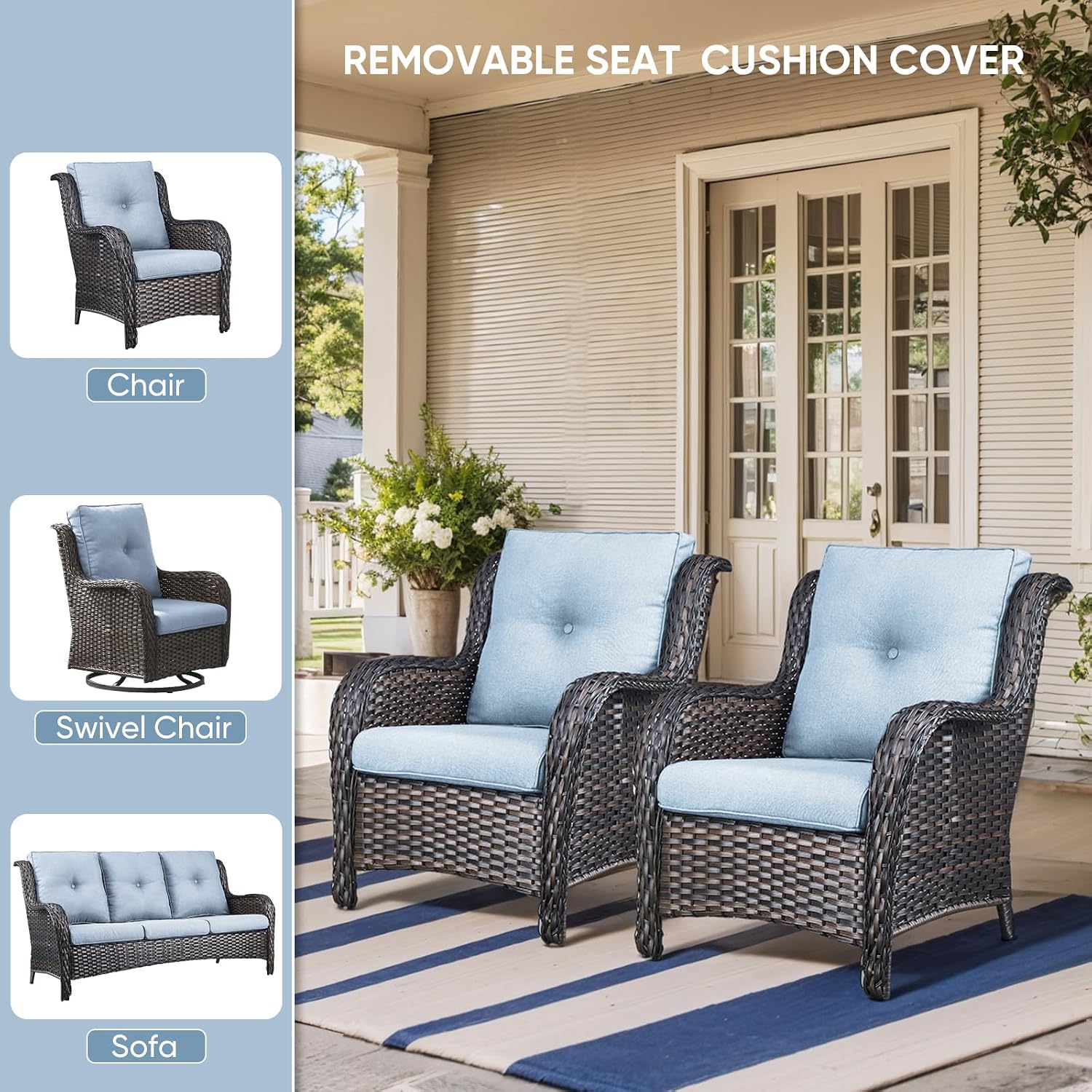 Outdoor Chair Cushions 3 Packs - Outside High Back Thick Water-Resistant Cushion 22x24 with Zipper Cover for Patio Glider Rocking Chairs Loveseat Couch – Baby Blue/Buckle